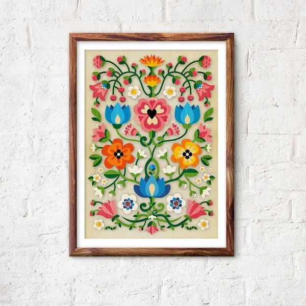 Mountain Flowers Folk Motif Art Print, Home Decor