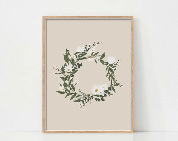 Spring Daisy Wreath Art Print, Neutral Floral Decor