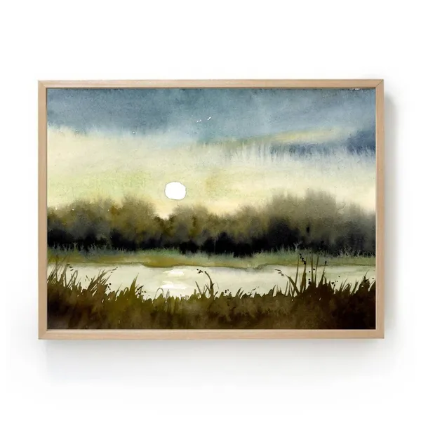 Watercolor Moon Shine Forest Art Print, Farmhouse