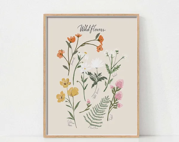 Wildflowers Botanical Art Print, Neutral Decor