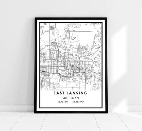 East Lansing Map Print, Michigan City Travel Poster