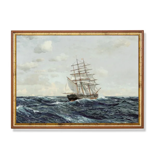 Vintage Sailing Ship Painting, Rustic Seascape Art Print