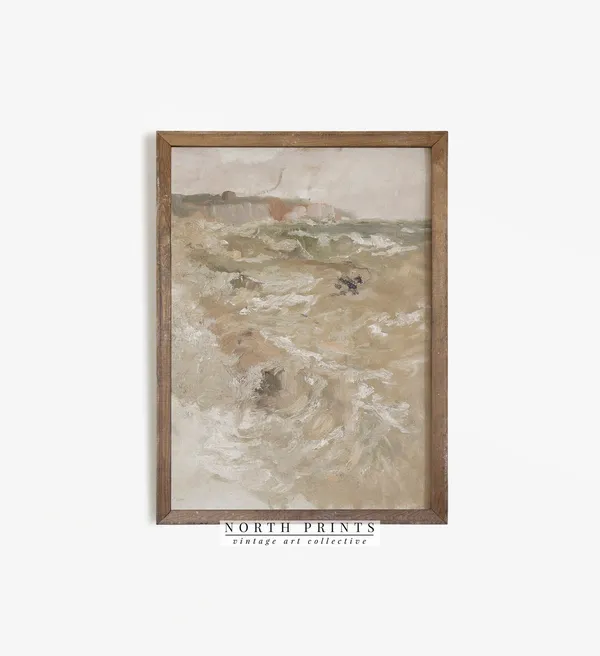 Muted Neutral Green Coastal Abstract Vintage Art Print
