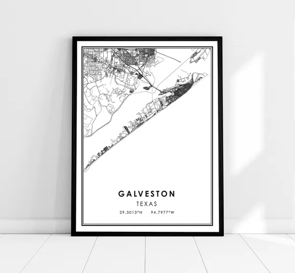 Galveston Map Poster Print, Texas City Travel