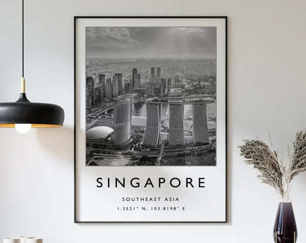 Singapore Travel Poster, Black and White Photo Art
