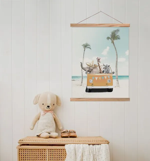 Neutral Beach Animals, Palms Retro Car Nursery Art Print