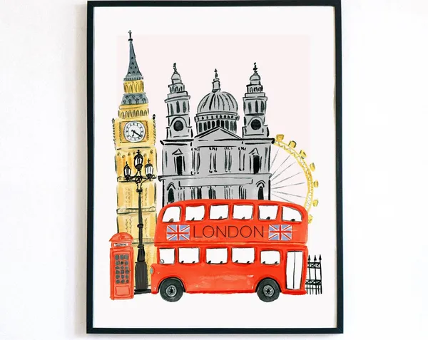 London England Travel Poster, Big Ben and St Paul’s