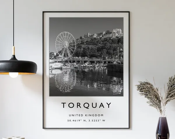 Torquay English Coast Travel Poster, Black and White