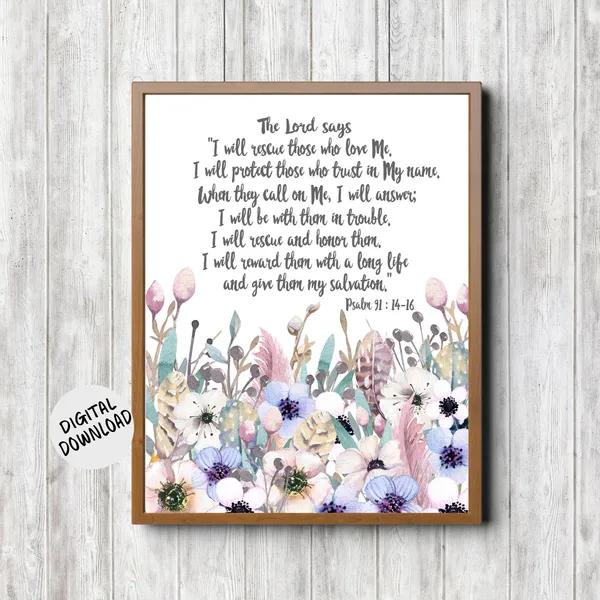 Psalm 91:14-16 Scripture Art Print, Christian Verse
