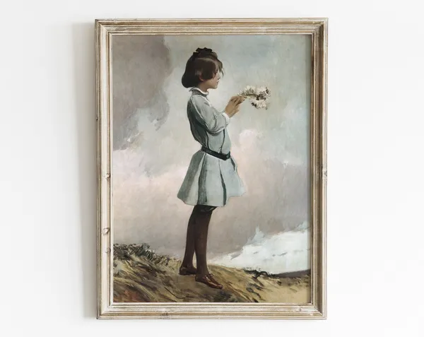 Vintage Girl Portrait, Neutral Oil-Painting Art Print