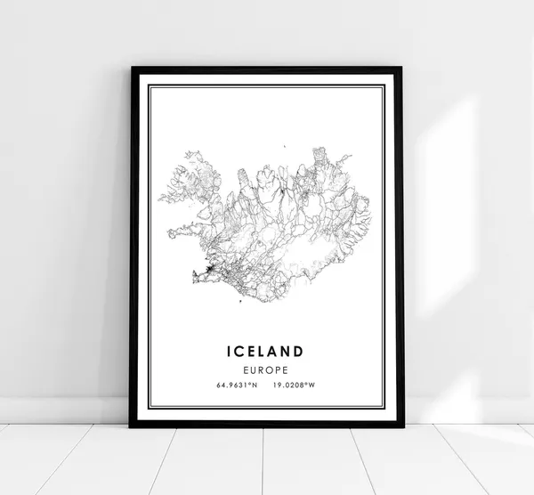 Iceland Country Map Travel Poster, Road Map