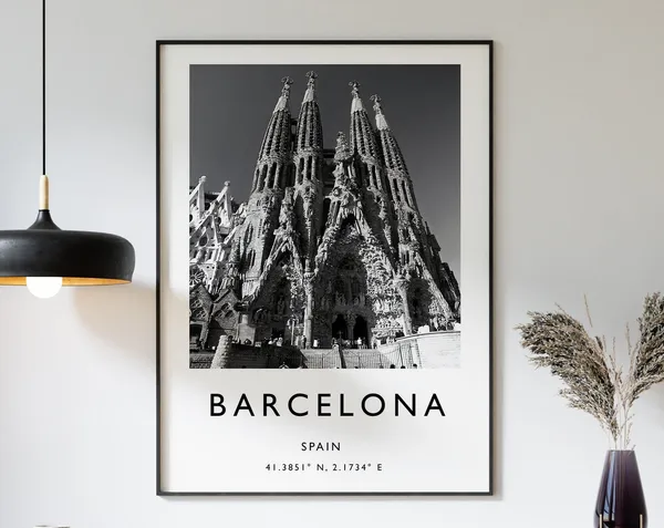 Barcelona Travel Poster, Black and White Spain Art