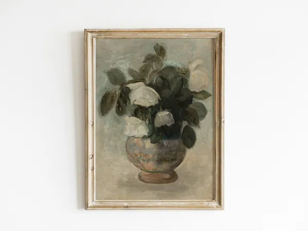 Vintage Flower Still Life, Neutral Home Decor Art Print