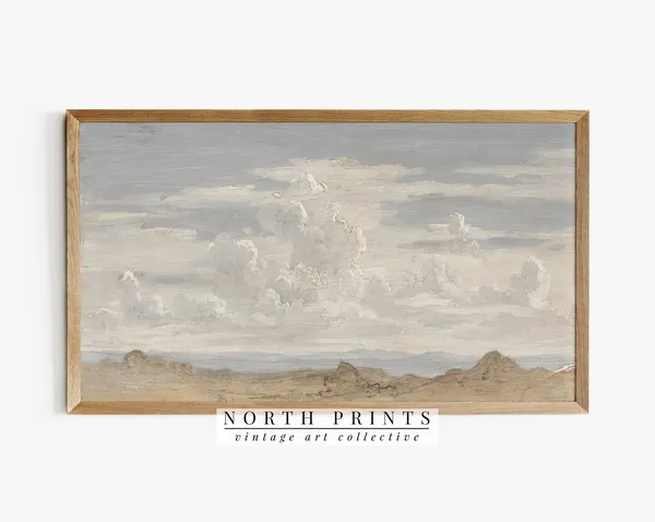 Neutral Cloudy Landscape Painting, Modern Farmhouse Art Print