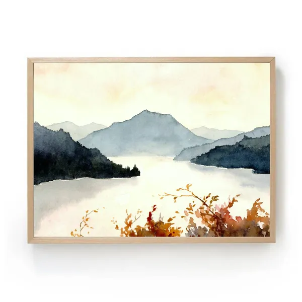 Mountain Lake Sunset Watercolor Landscape Art Print