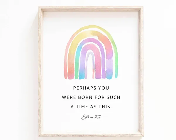 Esther 4:14 Bible Verse Watercolor Rainbow Art Print