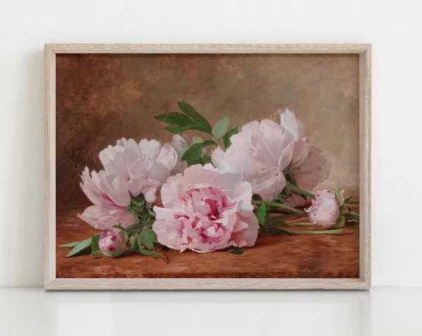 Vintage Pink Flowers Still Life Art Print, Antique Peonies