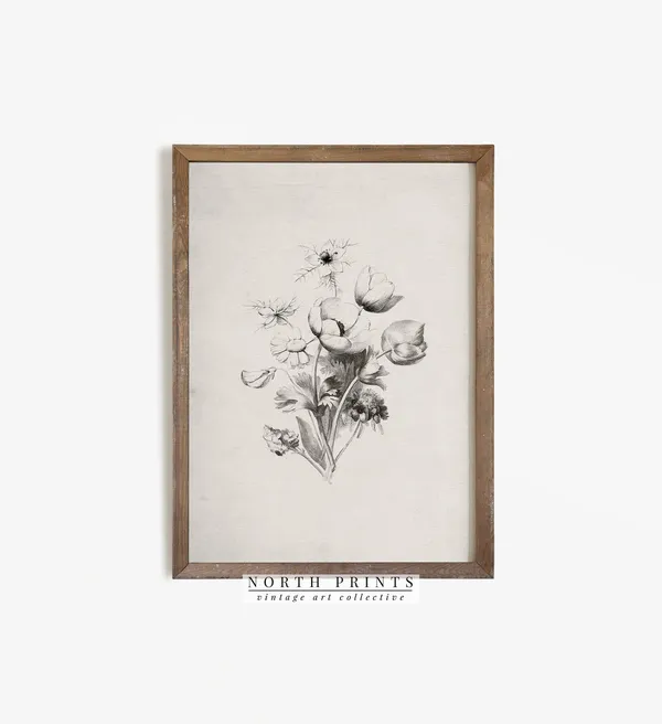 Antique Neutral Flower Sketch, Farmhouse Floral Art Print