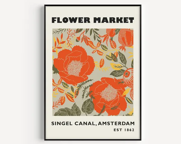 Flower Market Print, Orange Floral Rustic Pattern