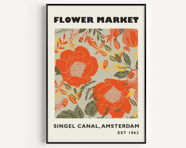 Flower Market Floral Art Print, Red and Orange