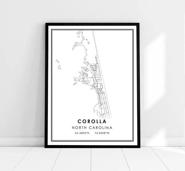 Corolla Map Print, North Carolina Travel Poster
