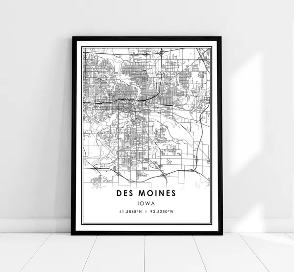 Des Moines Map Print, Iowa City Travel Poster