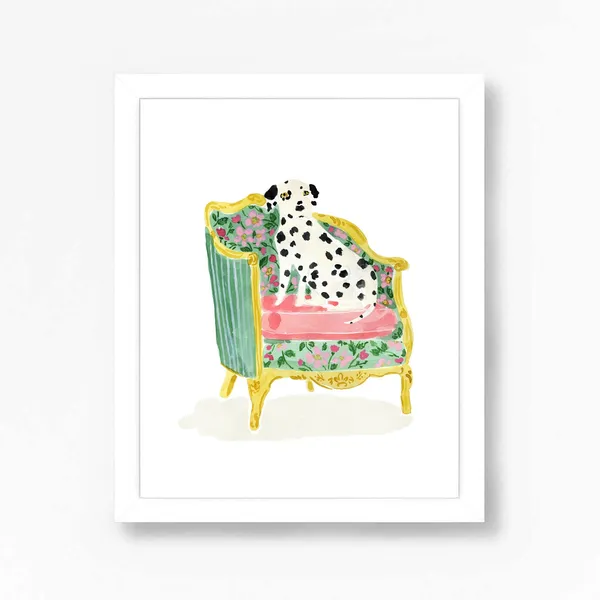 Dalmatian Dog in a Chair, Floral Chair Art Print