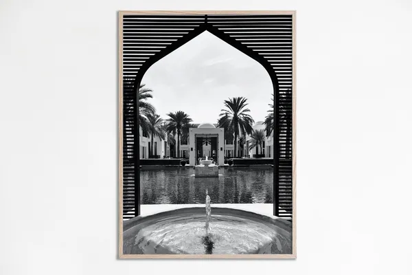 Tropical Arch Fountain Travel Poster, Black And White