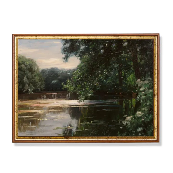 Vintage Country Landscape Oil Painting, Farmhouse Decor