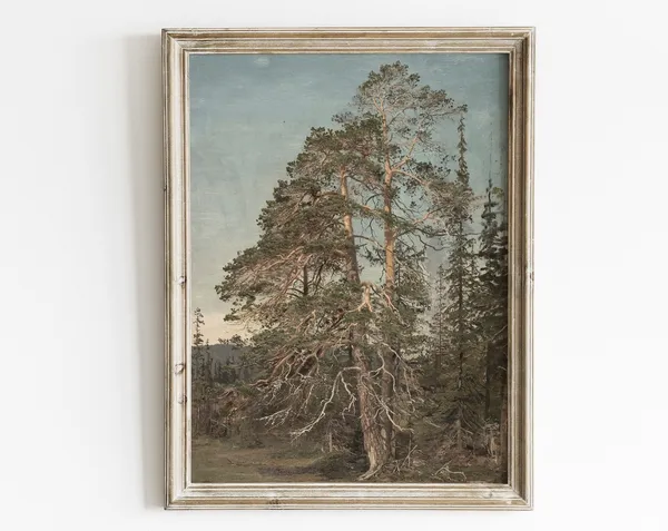Vintage Forest Landscape, Pine Tree Art Print