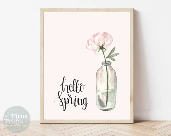 Hello Spring Watercolor Floral Art Print, Spring Decor