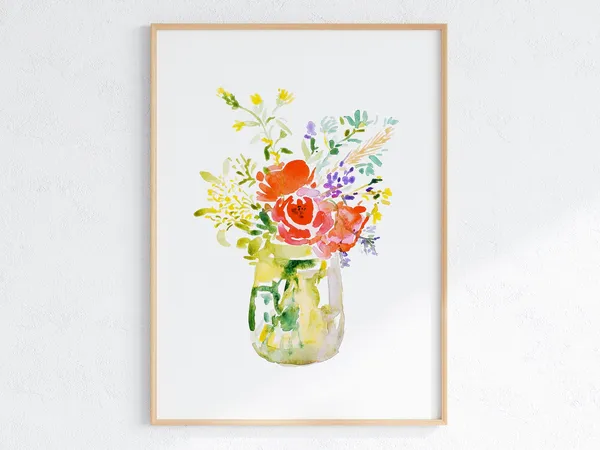 Colorful Flower Bouquet Watercolor Art Print, Farmhouse