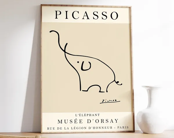 Picasso Beige Elephant Vintage Line Art Poster