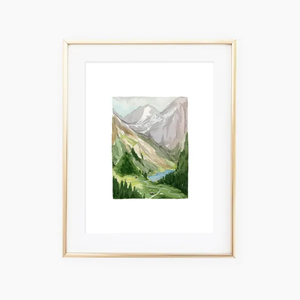 Watercolor Mountain Valley With Blue Lake Art Print