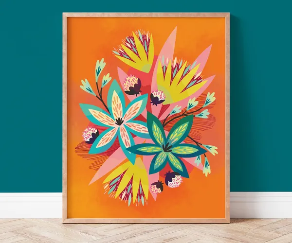 Pink Orange Flower Art Print, Boho Tropical Decor