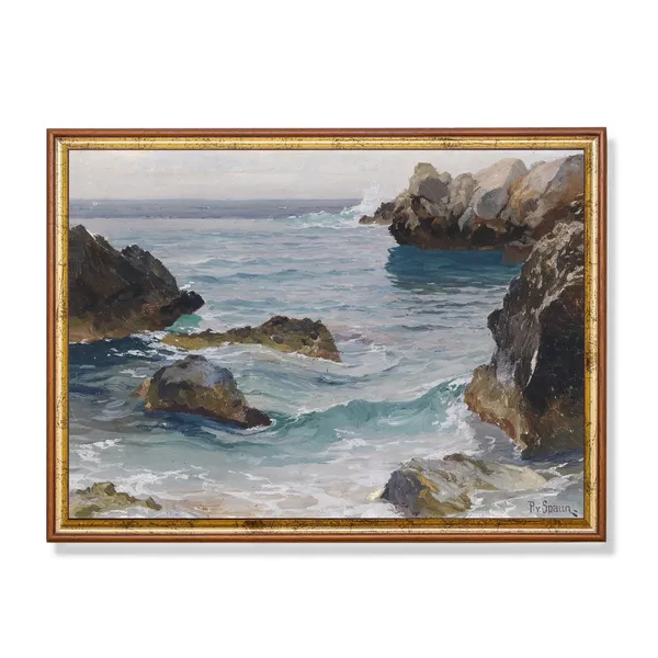 Vintage Seascape Painting, Antique Coastal Art Print