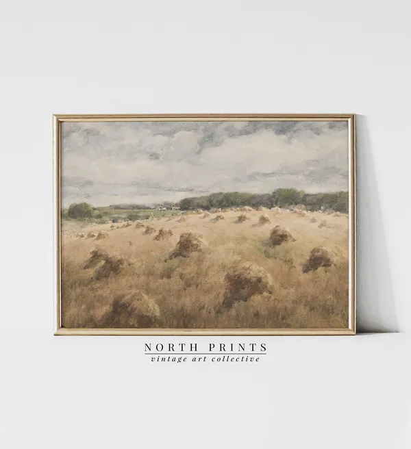 Vintage Hay Field Farmhouse Autumn Landscape Art Print