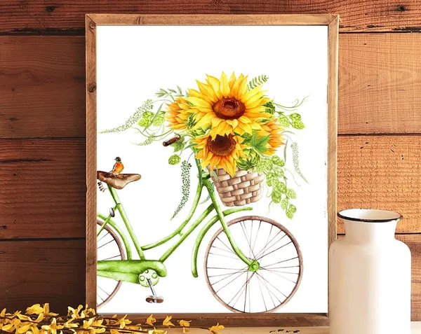 Sunflower Bicycle Watercolor Vintage Bicycle Art Print