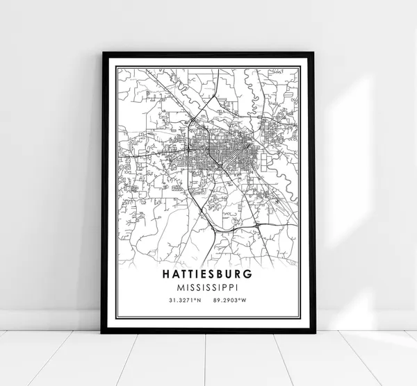 Hattiesburg Map Print, Mississippi City Travel Poster