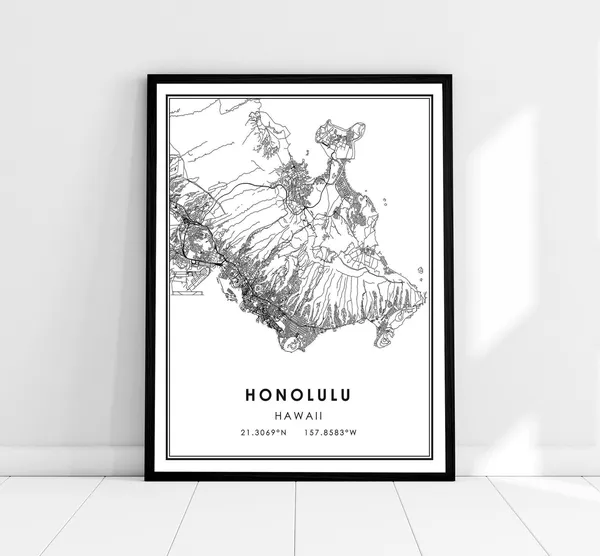 Honolulu Map Print Poster, Hawaii City Travel Art