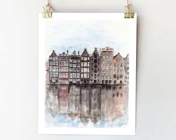Amsterdam Watercolor Travel Poster, Europe City Sketch