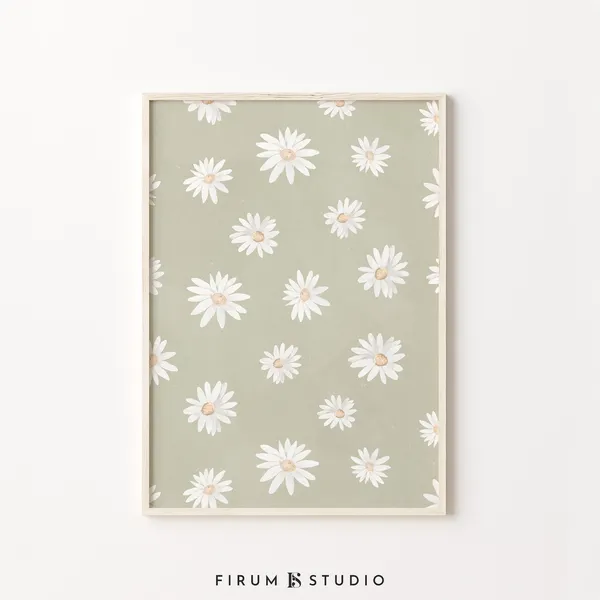 Sage Green Botanical Daisies Boho Art Print