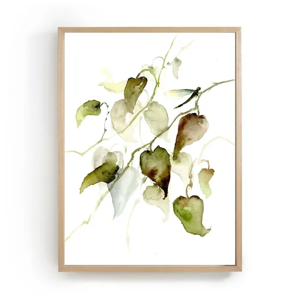 Dragonfly Watercolor Herbs and Green Leaves Art Print