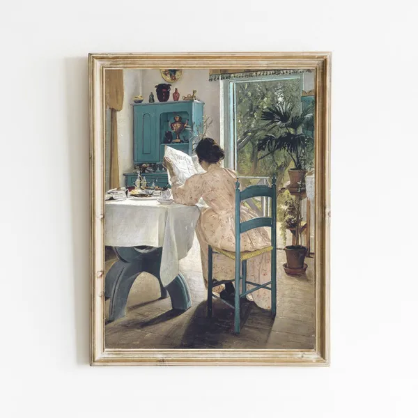 Antique Woman Reading Portrait, Vintage Interior Art Print