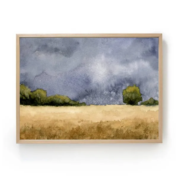 Wheat Field Watercolor, Thunderstorm Countryside Art Print