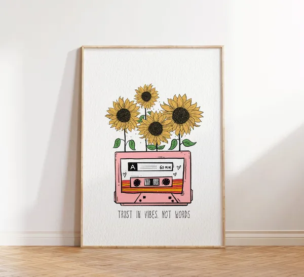 Sunflower Retro Poster, Positive Quote Hippie Decor