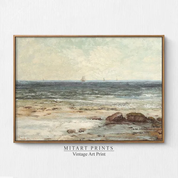 Vintage Coastal Seascape With Sailboat Art Print