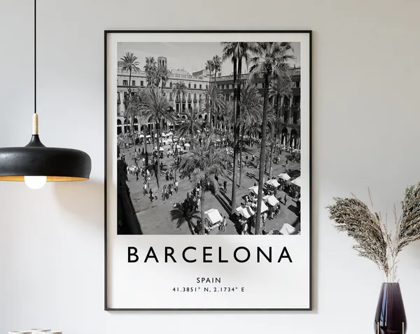 Barcelona Travel Poster, Black and White Travel Art