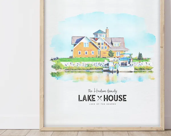 Custom Home Portrait Watercolor Style Lake House Art Print