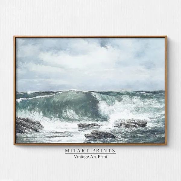 Vintage Ocean Seascape Painting, Coastal Wall Art Print